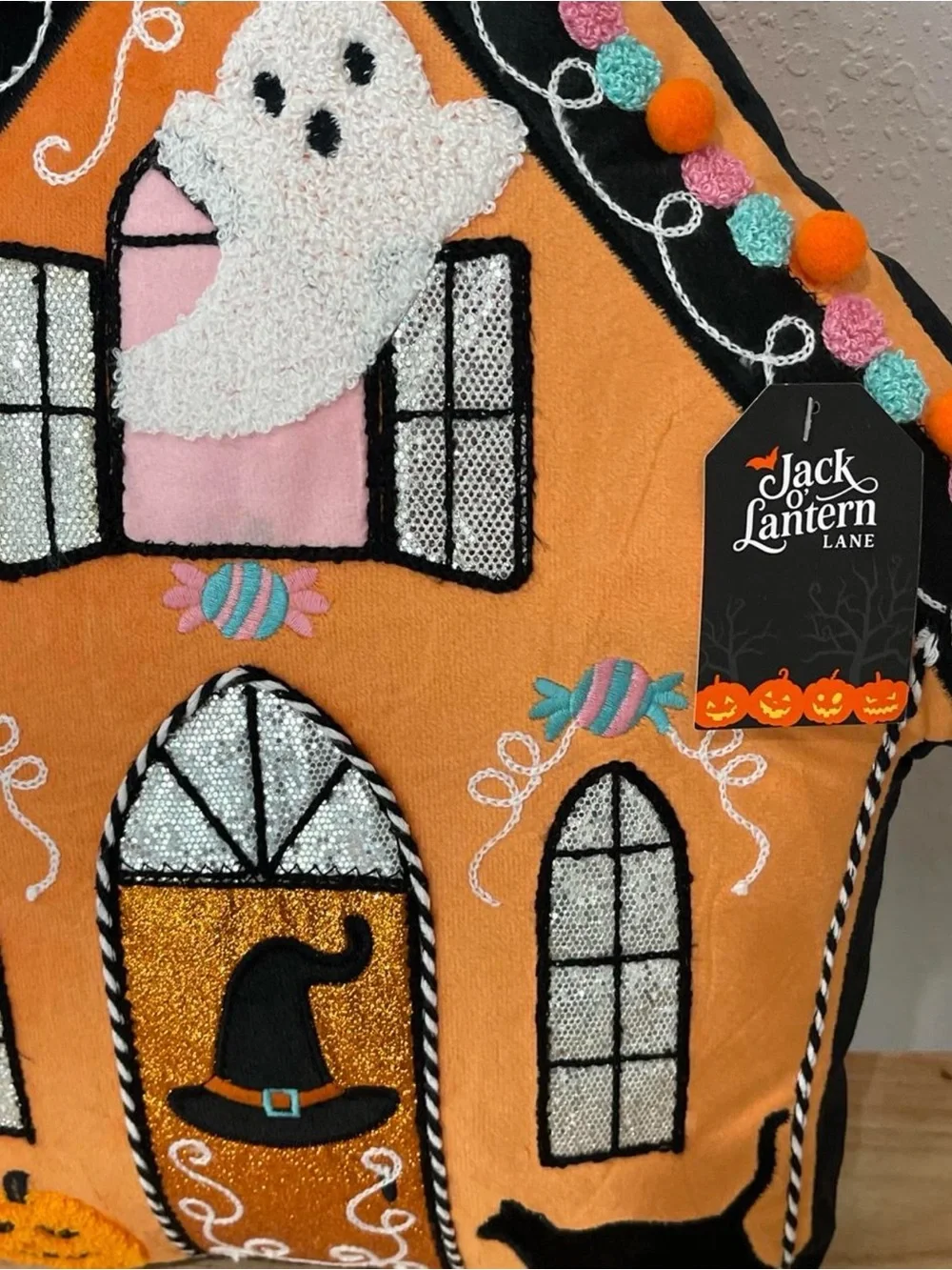 Orange Halloween Haunted House Pillow